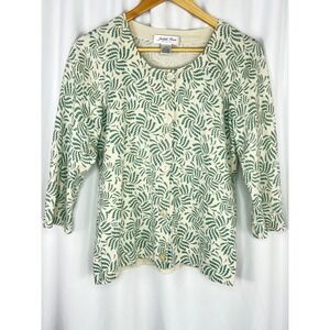 Judith Hart Collection Silk Blend Green Cream Swirl Leaf Cardigan Sweater Medium
